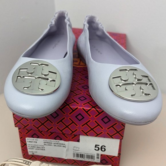 Tory Burch Claire Ballet Flats Leather Logo Spring Lavender Lilac 9 - Picture 2 of 16